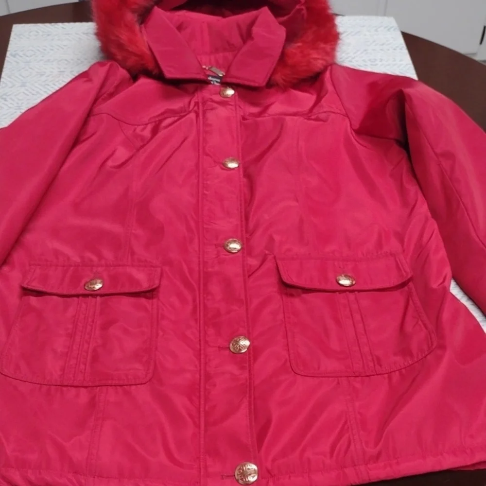 Dennis Basso Red Hooded Puffer Coat with Fur Trim - Picture 8 of 16